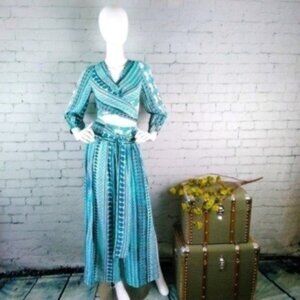 Zhu Ulma Paisley Wrap Pants Set Aqua Blue XS